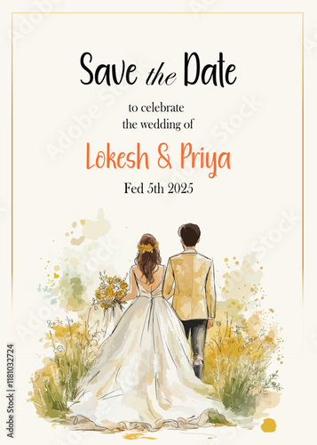 Modern Wedding Invitation Card Design with bride and groom 