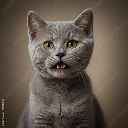 A British Shorthair kitten looking surprised on a plain background.