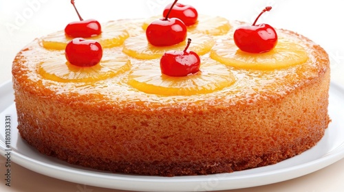 Delicious pineapple upside down cake kitchen food photography bright setting overhead view culinary art