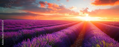Rolling lavender fields under vibrant sunset