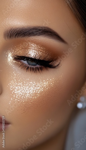 Close-up of eye makeup with gold glitter eyeshadow and highlight.
