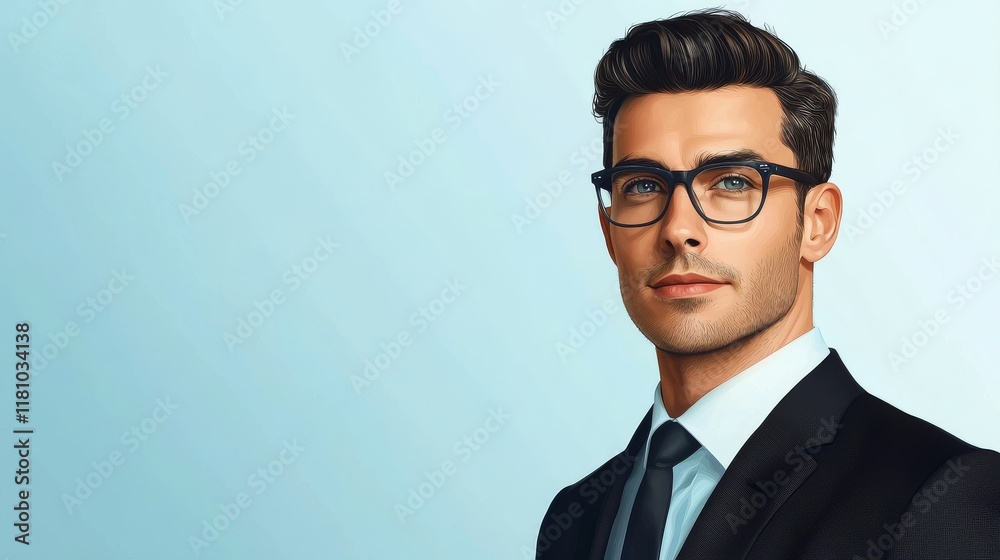 Confident businessman wearing glasses against a light blue background. Confident businessman wearing glasses against a light blue background.