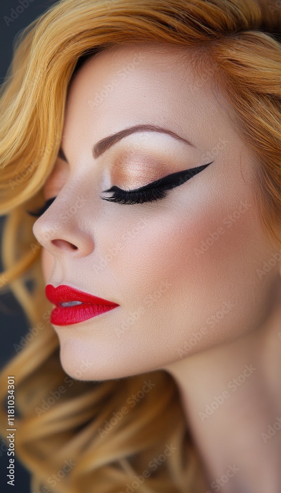 Close-up portrait of a woman with red lipstick and dramatic winged eyeliner. Her blonde hair cascades around her face. Close-up portrait of a woman with red lipstick and dramatic winged eyeliner. Her blonde hair cascades around her face.