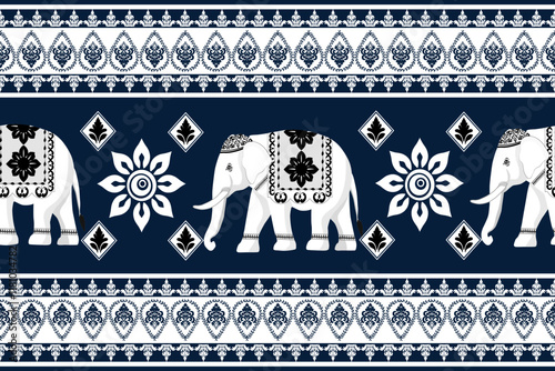 Black and white seamless ethnic geometric pattern with decorative borders and vintage floral design