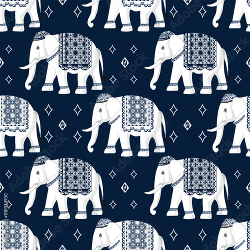Seamless  pattern with elephants  on blue background