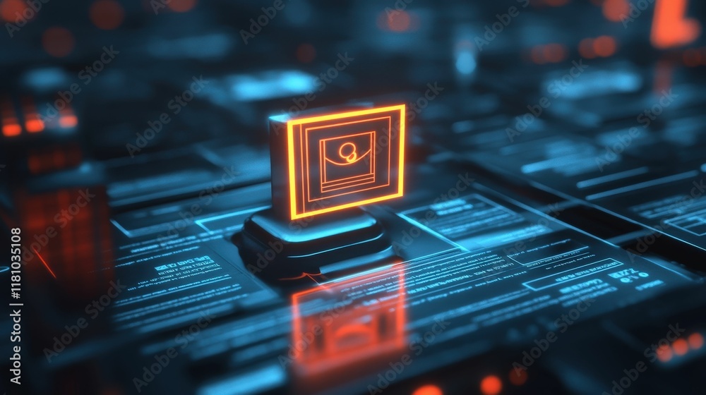 Fototapeta premium Glowing approval stamp in a digital landscape technology hub graphic visualization futuristic environment conceptual view