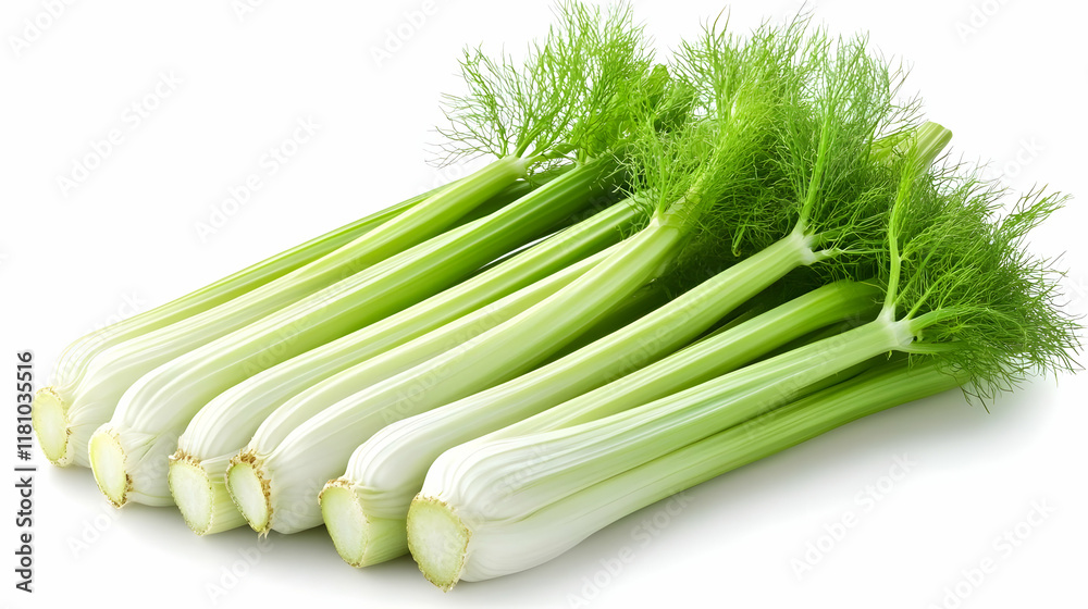 Fresh Fennel Stalks Lie Neatly Arranged on a Clean White Background. Fresh Fennel Stalks Lie Neatly Arranged on a Clean White Background.