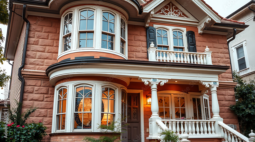 Obraz premium Two-Story Brick House with Bay Windows and Porch
