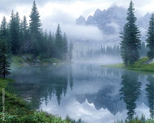 Serene alpine lake with mist and pine trees