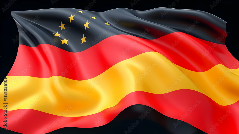 3D Flag of East Germany with Seven Gold Stars Waving Gently on a Black Background 3D Flag of East Germany with Seven Gold Stars Waving Gently on a Black Background