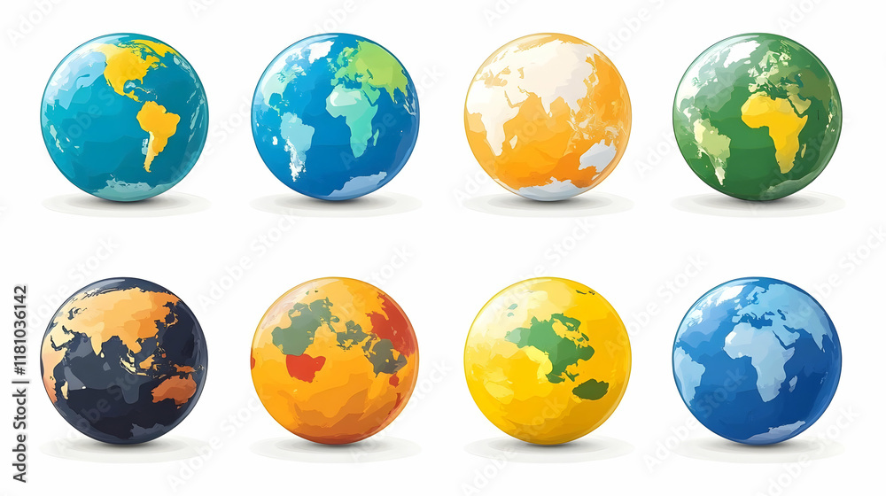 Eight Colorful Globes Showcase Different Continents and Oceans Eight Colorful Globes Showcase Different Continents and Oceans
