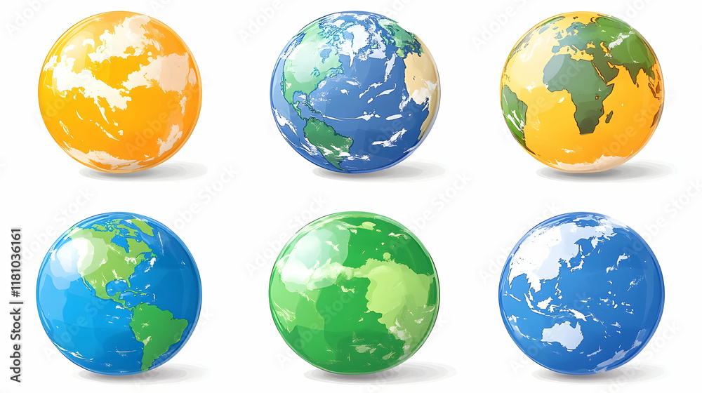 Six Glossy Earth Globes in Various Colors Showcasing Continents and Oceans on a White Background Six Glossy Earth Globes in Various Colors Showcasing Continents and Oceans on a White Background