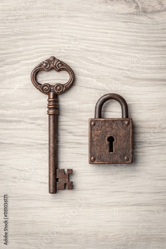 Antique key and matching lock on a wooden surface in a minimalist arrangement photo