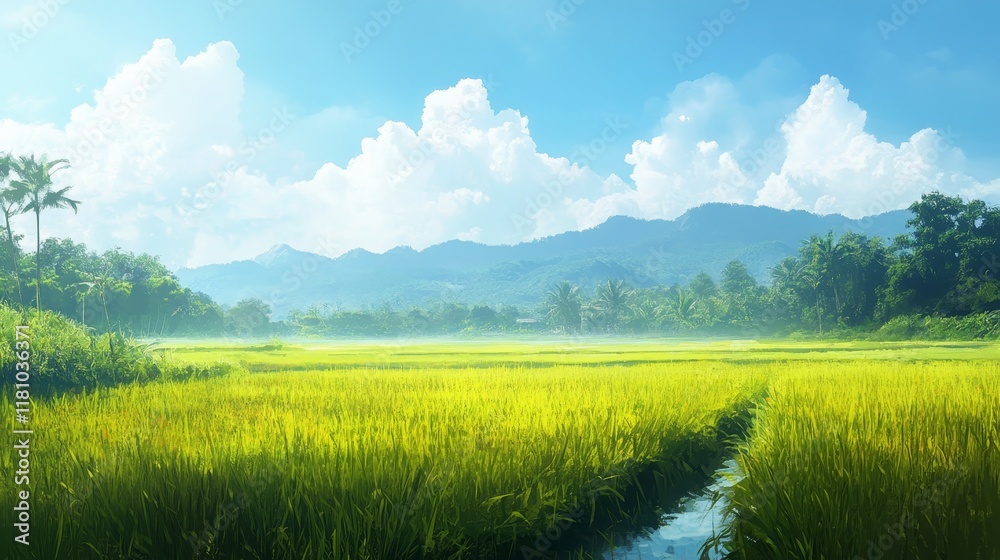 Fototapeta premium Rice fields sway gently in the wind, showcasing the beauty of rice fields under the open sky. This serene scene captures the essence of rice fields and nature s harmony.