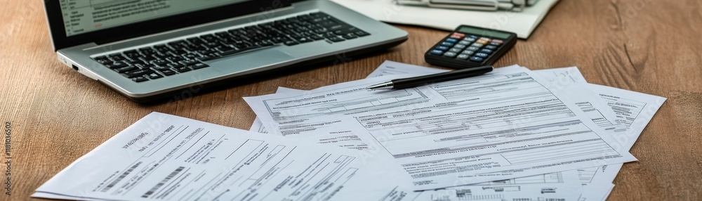 Organized workspace for tax preparation home office image professional environment overhead view productivity concept Organized workspace for tax preparation home office image professional environment overhead view productivity concept