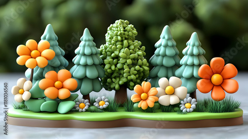 3D Whimsical Forest Scene with Cartoon Trees and Flowers Growing Happily Together in Green Grass photo