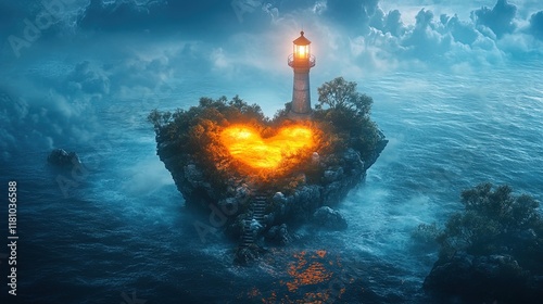 A magical heart-shaped island with a glowing lighthouse in a serene fantasy ocean photo