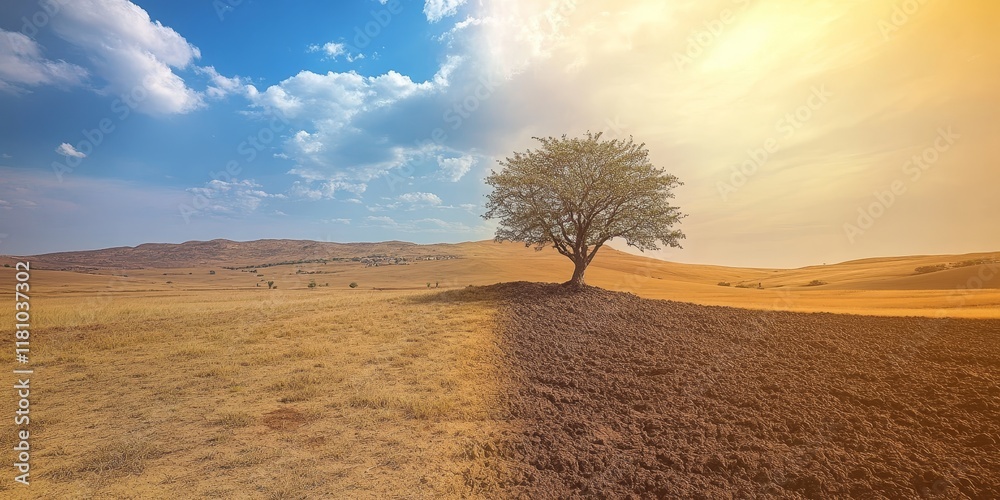 Obraz premium Summer drought contributes to land desertification in various regions, showcasing the impact of climate change on land desertification and the challenges faced in maintaining healthy landscapes.
