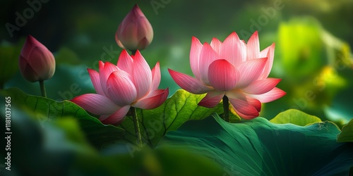 Lotus flower and lotus flower plants in a tranquil setting, showcasing the beauty and elegance of lotus flowers. These lotus flowers exemplify nature s artistry in various formations. photo