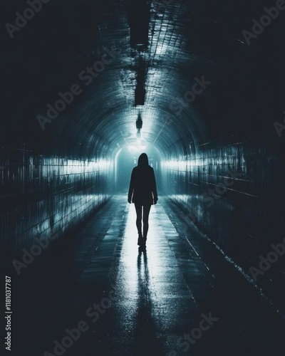 A silhouetted figure stands in a dimly lit tunnel, creating a mysterious atmosphere.