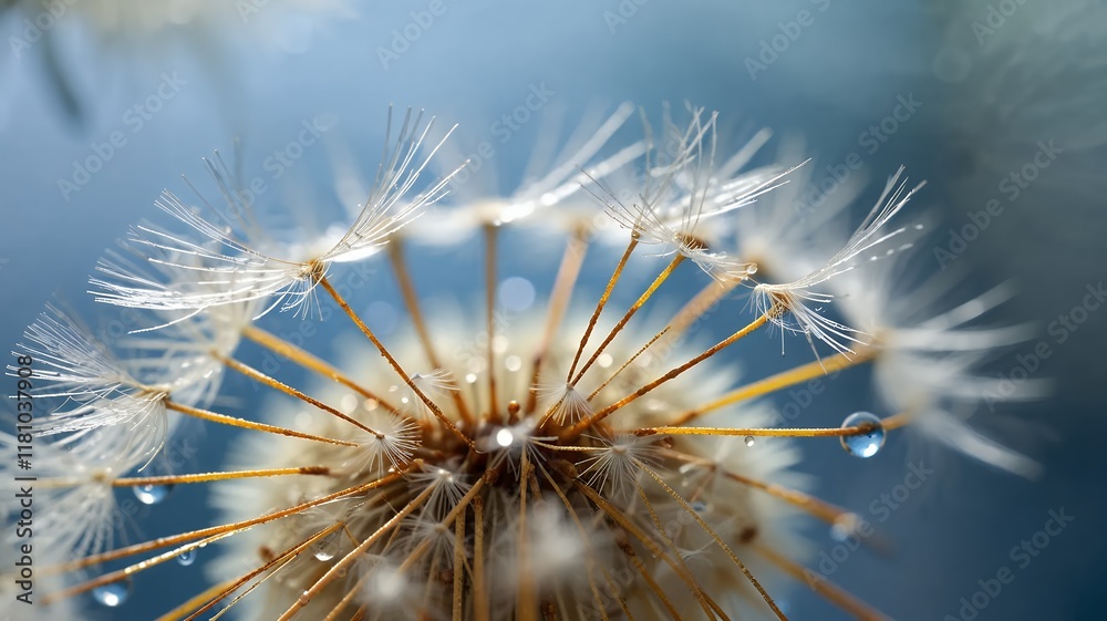 Macro photograph of dandelion seed head with golden dew drops and blue bokeh background Macro photograph of dandelion seed head with golden dew drops and blue bokeh background