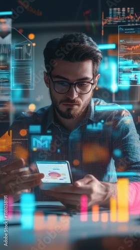 Young entrepreneur uses mobile app for tax filing urban office digital workspace professional environment close-up innovation