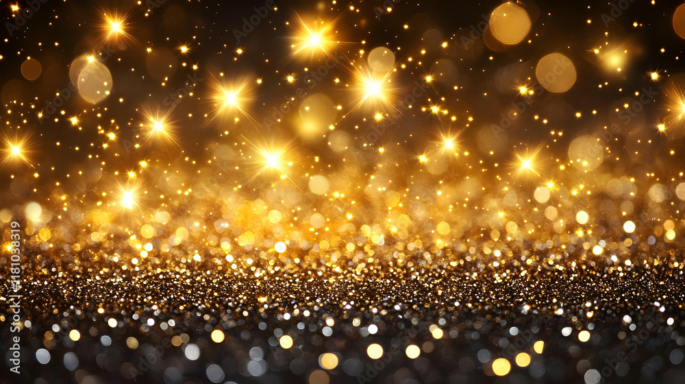 Naklejka premium Golden Glitter Sparkles Shine Brightly on a Dark Background with Bokeh Effect