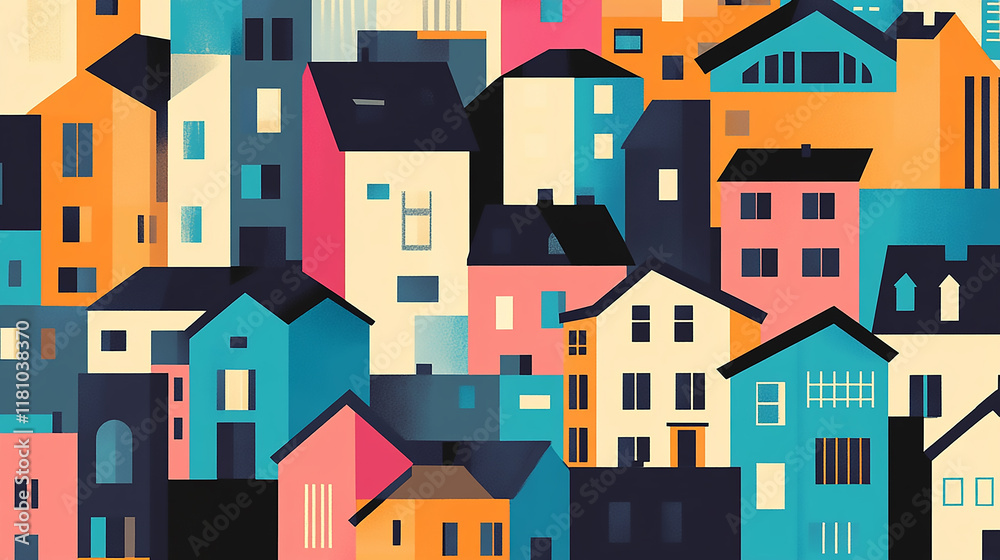 A colorful drawing of houses stacked each other with high density with a blue sky in the background A colorful drawing of houses stacked each other with high density with a blue sky in the background