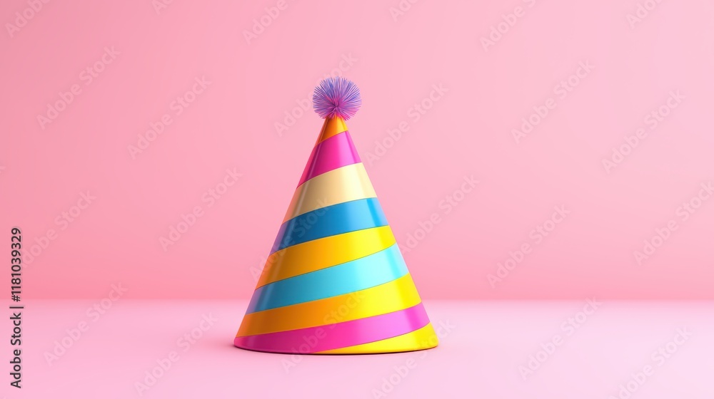 Colorful Party Hat on Pink Background with Playful Design Elements Colorful Party Hat on Pink Background with Playful Design Elements