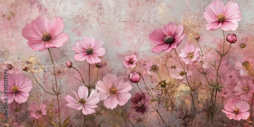 Delicate vintage pink cosmos flowers create a charming scene, showcasing the beauty of vintage pink cosmos flowers in full bloom, radiating elegance and a touch of nostalgia.