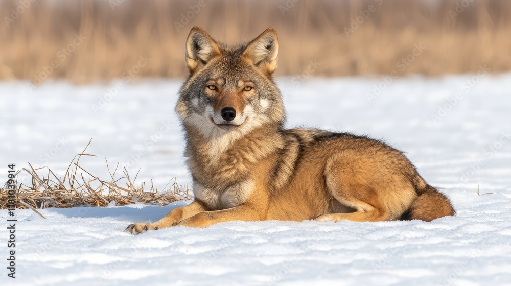Fototapeta premium Coyote resting in snowy landscape wildlife observation natural habitat winter environment close-up view animal behavior
