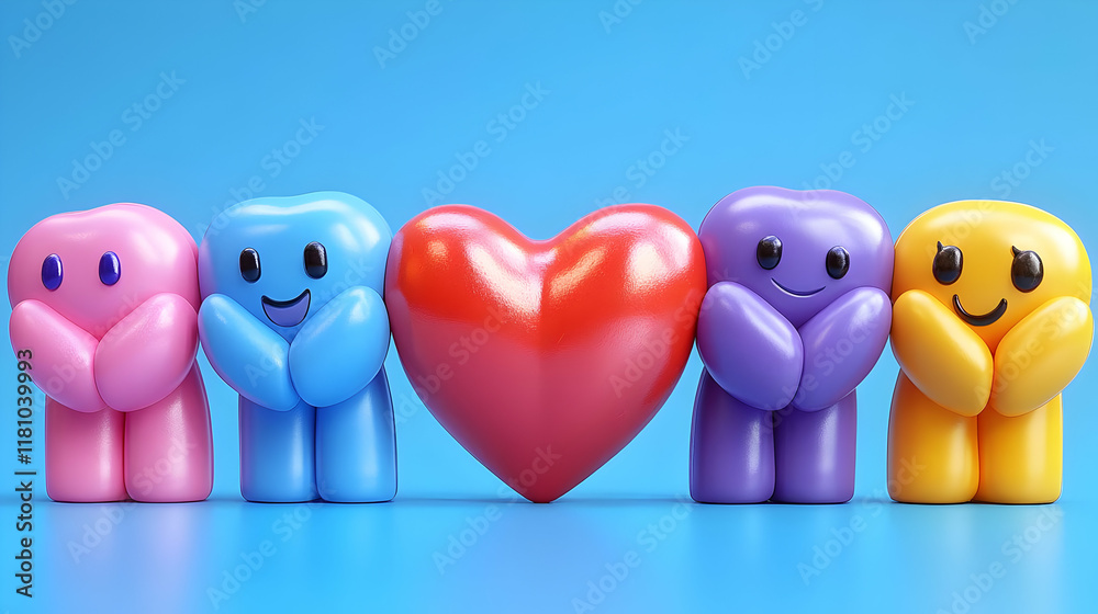 Four Colorful 3D Characters Embrace a Heart, Symbolizing Love and Friendship on a Blue Background Four Colorful 3D Characters Embrace a Heart, Symbolizing Love and Friendship on a Blue Background