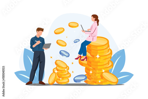 Flat design vector of business teamwork with a stack of gold coins, symbolizing financial growth and prosperity.