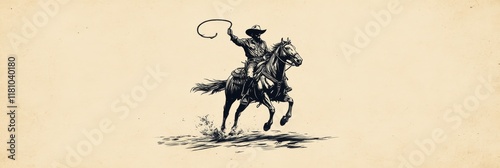 Minimal vintage illustration of a cowboy riding a horse and throwing a lasso. Designed as a classic American brand logo in black ink on beige paper for elegance.