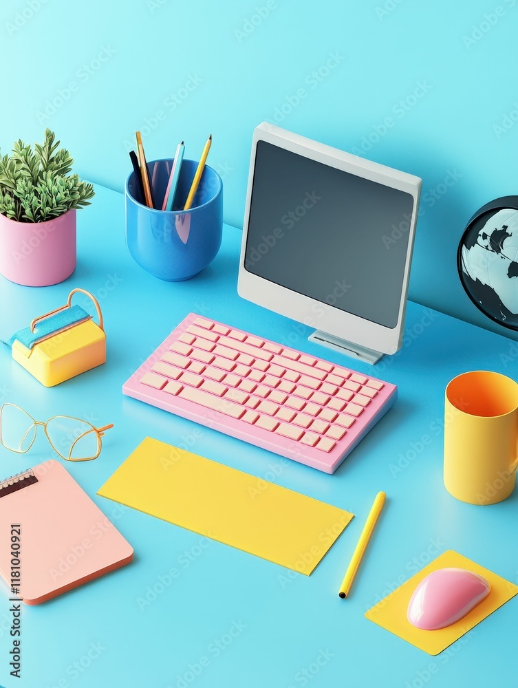 Fototapeta premium A colorful workspace featuring a pink keyboard, a computer monitor, stationery, and decorative items on a blue desk.