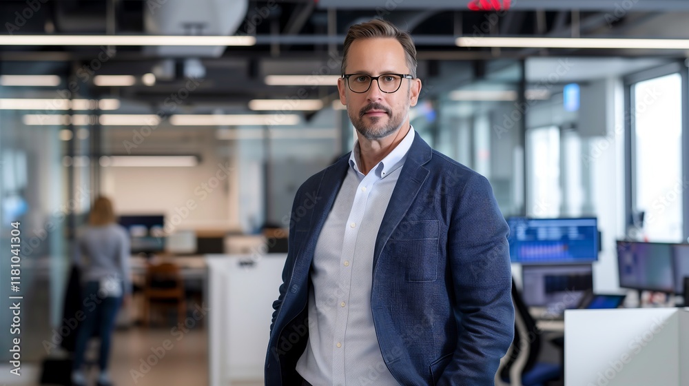 An American tech executive in a casual blazer and jeans, standing in a bright open office with digital displays in the background. An American tech executive in a casual blazer and jeans, standing in a bright open office with digital displays in the background.