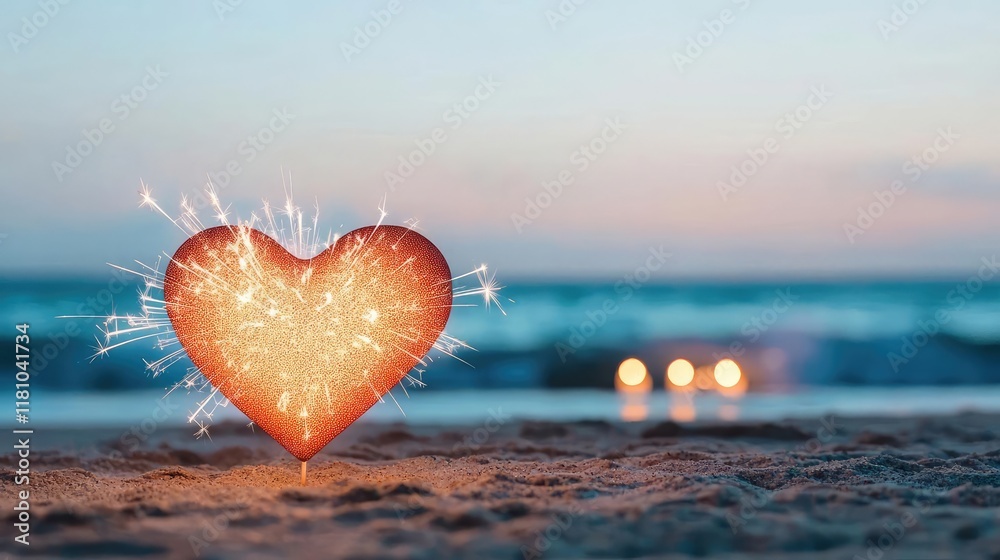 Fototapeta premium Valentine romance idea. Sparkling heart decoration on the beach at sunset, symbolizing love and joy.