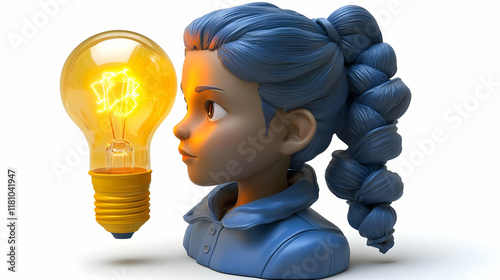 3D Girl Bust Gazes at a Glowing Lightbulb, Symbolizing Ideas and Innovation