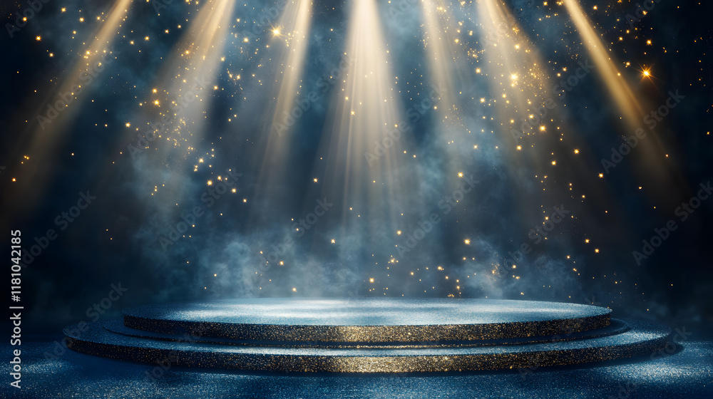 3D Illustration of Dark Blue Stage with Golden Spotlight Lines and Glitter Texture for Award Ceremony Design.