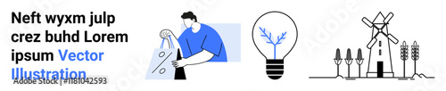 Wallpaper Mural Person in blue shirt cutting energy-efficient template, illuminated light bulb with eco-pattern, windmill and crops. Ideal for sustainability, green energy, innovation, agriculture, environment Torontodigital.ca