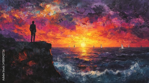 Person Silhouetted Against Vibrant Sunset Over Calm Ocean Waves