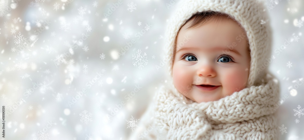 Adorable baby smiling in cozy winter attire, wearing knitted hat and scarf, surrounded by soft snowflakes and a dreamy winter background, copy space for text Adorable baby smiling in cozy winter attire, wearing knitted hat and scarf, surrounded by soft snowflakes and a dreamy winter background, copy space for text