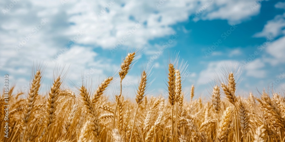 Fototapeta premium Stunning wheat field under a clear blue sky adorned with fluffy clouds, showcasing the beauty of the wheat field and its vibrant colors against the serene backdrop of nature.