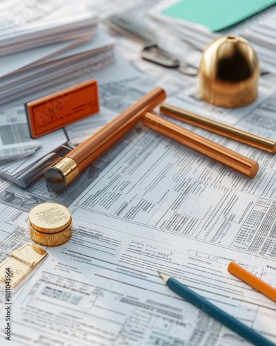 Organizing tax relief documents with stamps and pens at a home office workspace