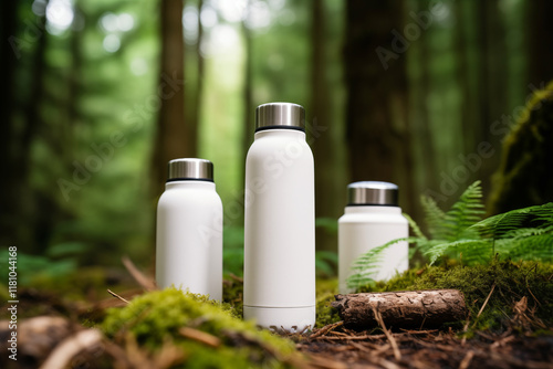 Mockup-Eco-Friendly Stainless Steel Bottles in a Lush Forest Environment for Sustainability Themes. Ai generative photo