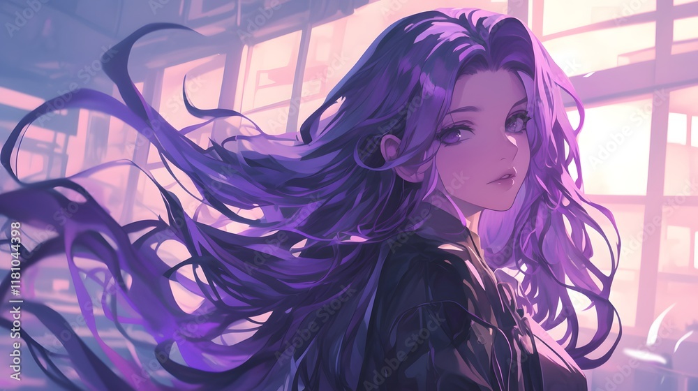 Captivating portrait of a character with flowing purple hair in a modern indoor setting Captivating portrait of a character with flowing purple hair in a modern indoor setting