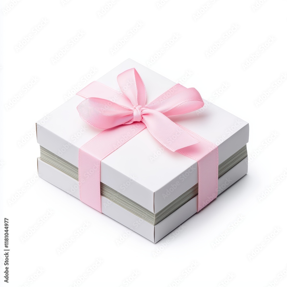 Obraz premium Elegant White Gift Box with Pink Ribbon on Isolated Background