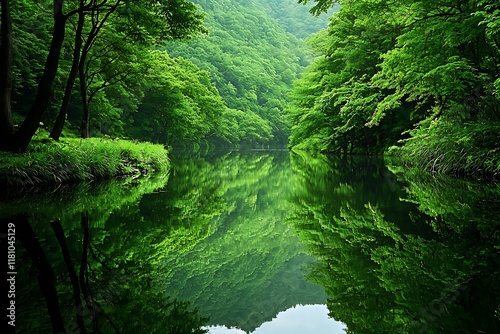 Serene river reflecting lush green forest