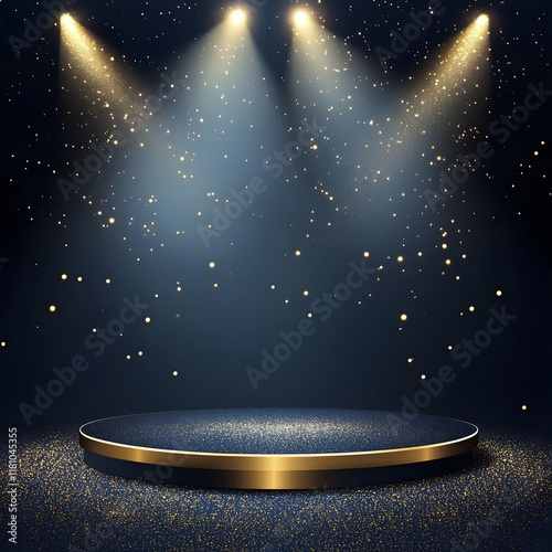 3D Illustration of Dark Blue Stage with Golden Spotlight Lines and Glitter Texture for Award Ceremony Design. photo