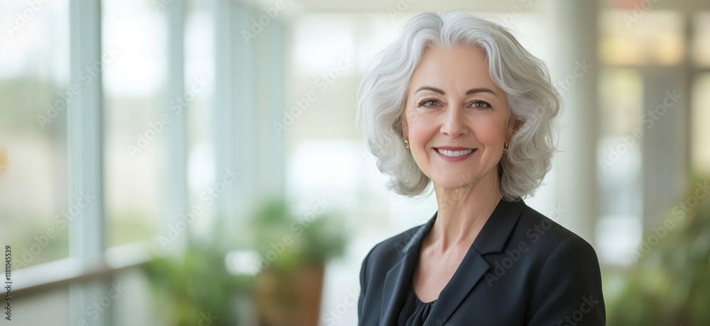 Professional portrait of confident older woman with silver hair in business attire, smiling warmly in modern office environment with natural light and greenery, copy space for text Professional portrait of confident older woman with silver hair in business attire, smiling warmly in modern office environment with natural light and greenery, copy space for text